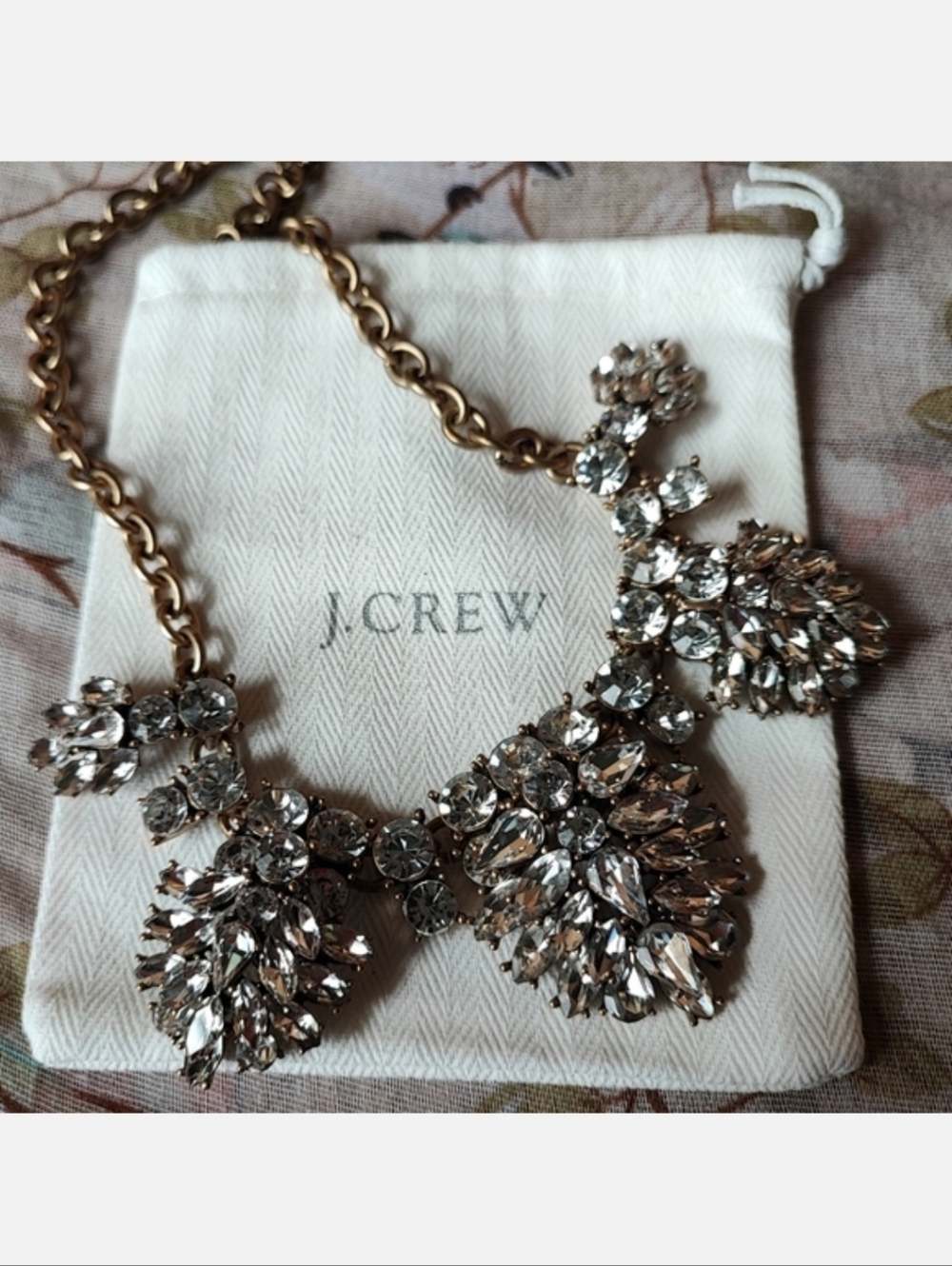 J. Crew Extraordinary Rhinestone Statement Necklace With Dust Bag Brass Tone EUC